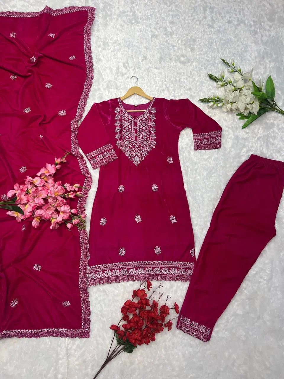 DC G79 Viscose Velvet Embroidery Kurti With Bottom Dupatta Suppliers In India